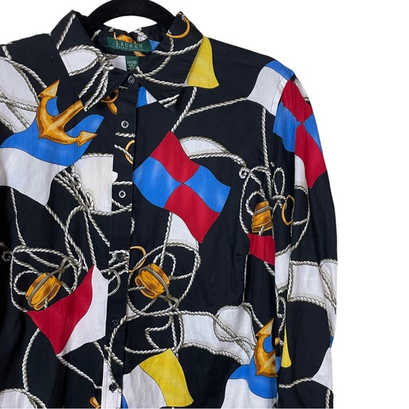 Vintage LRL Nautical Gaudy Busy Allover Button-down Blouse 3/4 Flowing Sleeve 1X - Picture 6 of 15